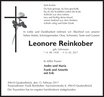 Traueranzeige von Leonore Reinkober von Neue Osnabrücker Zeitung GmbH & Co. KG