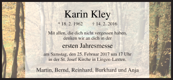 Traueranzeige von Karin Kley von Neue Osnabrücker Zeitung GmbH & Co. KG