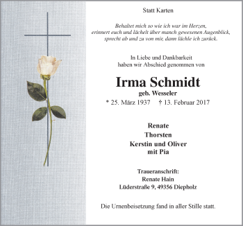 Traueranzeige von Irma Schmidt von Neue Osnabrücker Zeitung GmbH & Co. KG