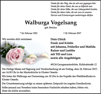 Traueranzeige von Walburga Vogelsang von Neue Osnabrücker Zeitung GmbH & Co. KG