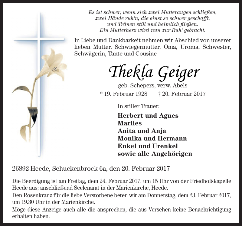  Traueranzeige für Thekla Geiger vom 22.02.2017 aus Neue Osnabrücker Zeitung GmbH & Co. KG