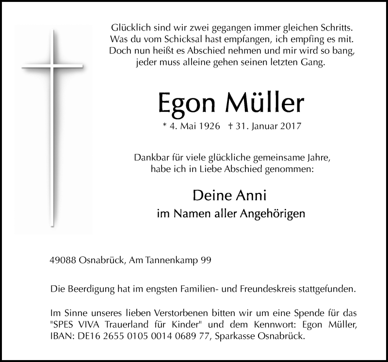  Traueranzeige für Egon Müller vom 13.02.2017 aus Neue Osnabrücker Zeitung GmbH & Co. KG