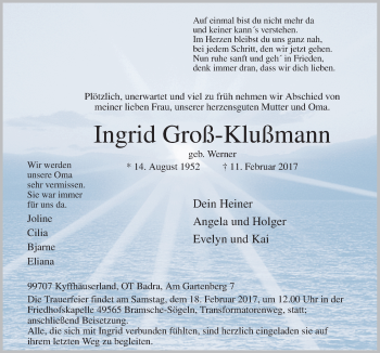 Traueranzeige von Ingrid Groß-Klußmann von Neue Osnabrücker Zeitung GmbH & Co. KG
