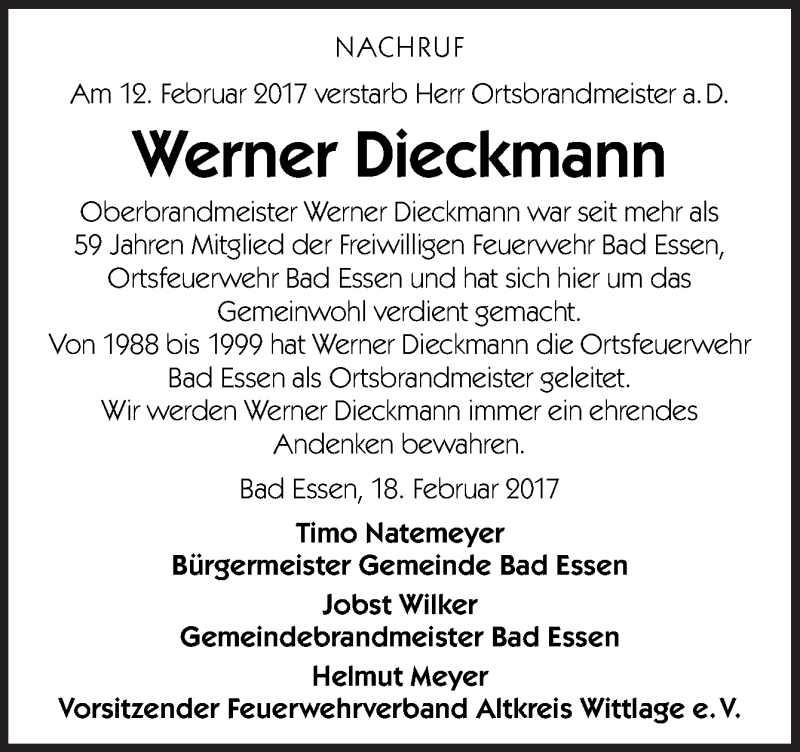  Traueranzeige für Werner Dieckmann vom 18.02.2017 aus Neue Osnabrücker Zeitung GmbH & Co. KG