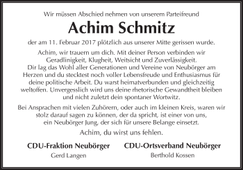 Traueranzeige von Achim Schmitz von Neue Osnabrücker Zeitung GmbH & Co. KG