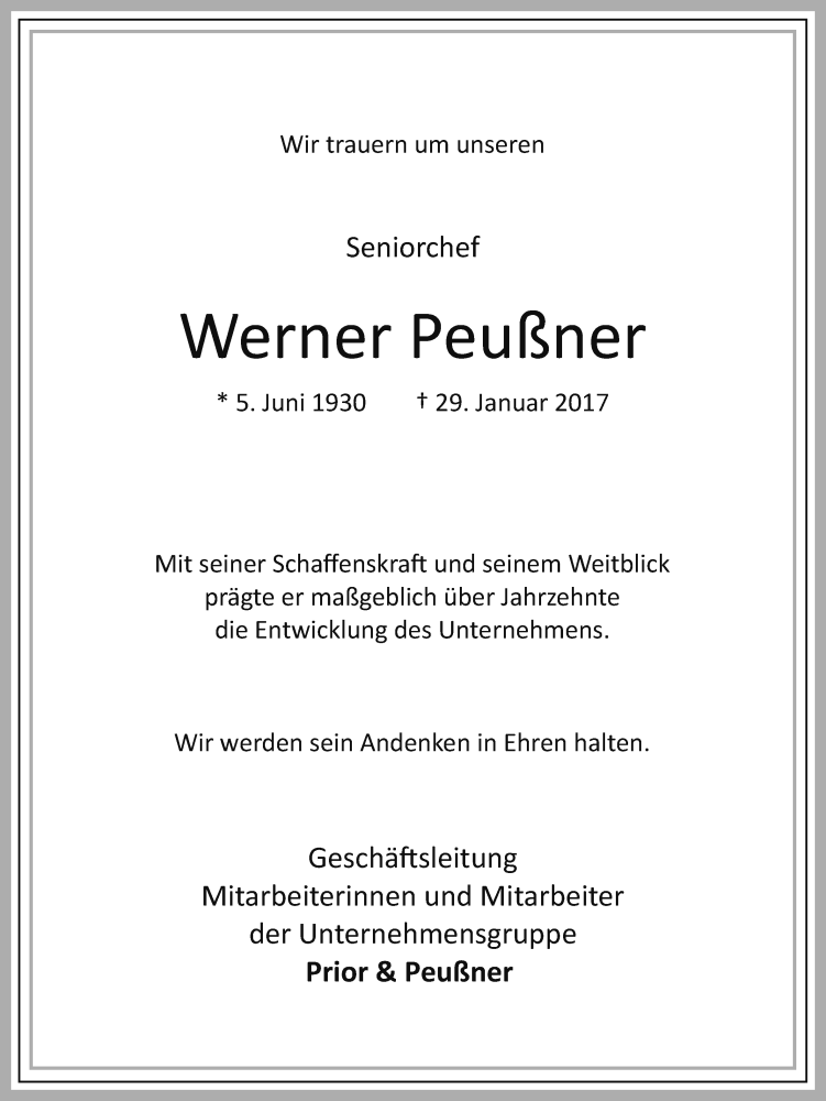  Traueranzeige für Werner Peußner vom 01.02.2017 aus Neue Osnabrücker Zeitung GmbH & Co. KG