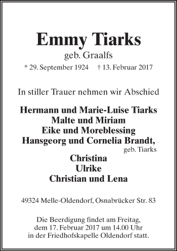 Traueranzeige von Emmy Tiarks von Neue Osnabrücker Zeitung GmbH & Co. KG