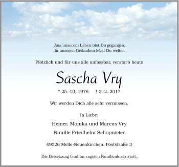 Traueranzeige von Sascha Vry von Neue Osnabrücker Zeitung GmbH & Co. KG