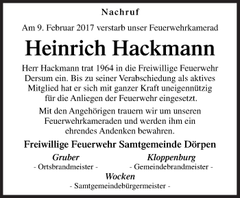 Traueranzeige von Heinrich Hackmann von Neue Osnabrücker Zeitung GmbH & Co. KG