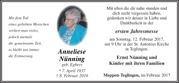 Traueranzeige von Anneliese Nünning von Neue Osnabrücker Zeitung GmbH & Co. KG