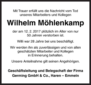 Traueranzeige von Wilhelm Möhlenkamp von Neue Osnabrücker Zeitung GmbH & Co. KG