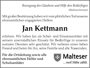 Traueranzeige von Jan Kettmann von Neue Osnabrücker Zeitung GmbH & Co. KG