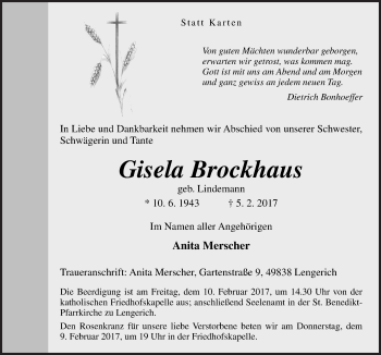 Traueranzeige von Gisela Brockhaus von Neue Osnabrücker Zeitung GmbH & Co. KG