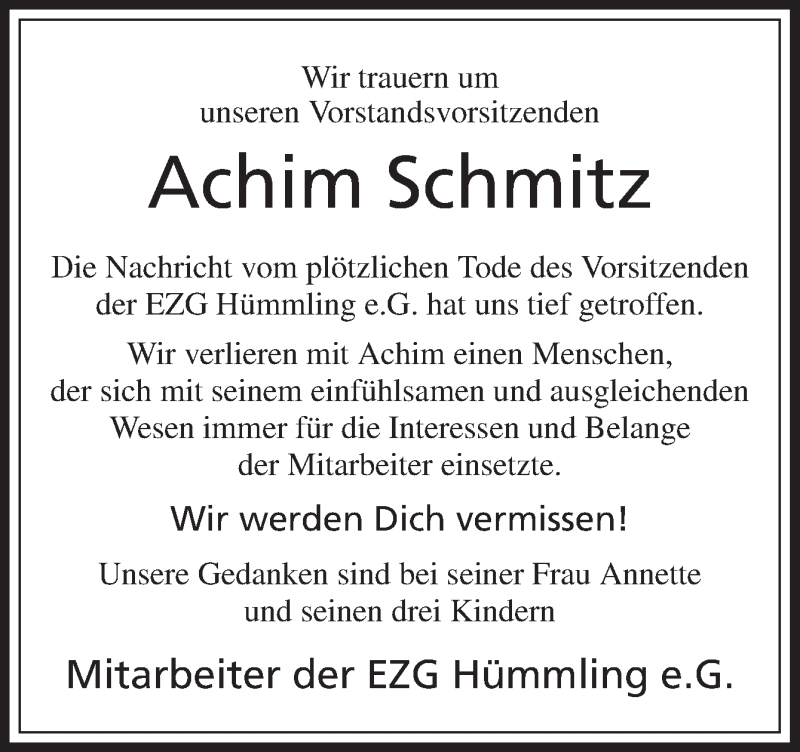  Traueranzeige für Achim Schmitz vom 15.02.2017 aus Neue Osnabrücker Zeitung GmbH & Co. KG