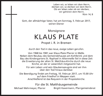 Traueranzeige von Klaus Plate von Neue Osnabrücker Zeitung GmbH & Co. KG