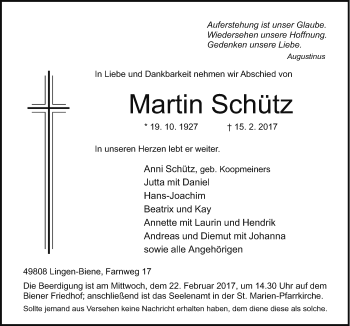 Traueranzeige von Martin Schütz von Neue Osnabrücker Zeitung GmbH & Co. KG