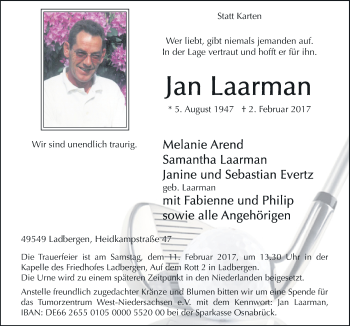 Traueranzeige von Jan Laarman von Neue Osnabrücker Zeitung GmbH & Co. KG