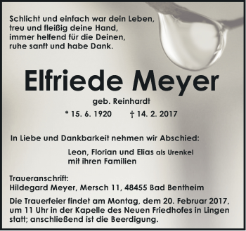 Traueranzeige von Elfriede Meyer von Neue Osnabrücker Zeitung GmbH & Co. KG