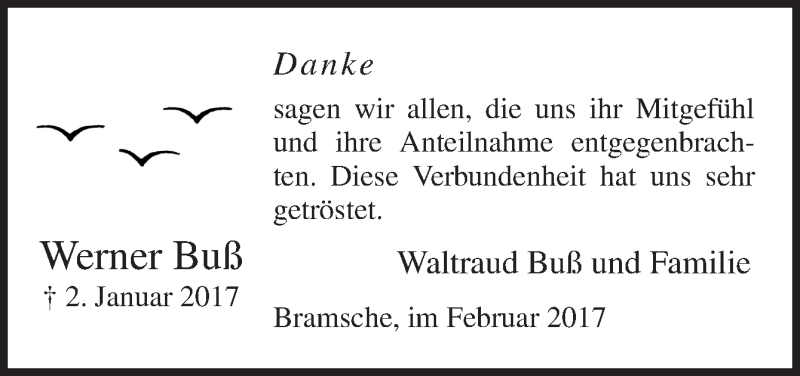  Traueranzeige für Werner Buß vom 04.02.2017 aus Neue Osnabrücker Zeitung GmbH & Co. KG