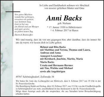 Traueranzeige von Anni Backs von Neue Osnabrücker Zeitung GmbH & Co. KG
