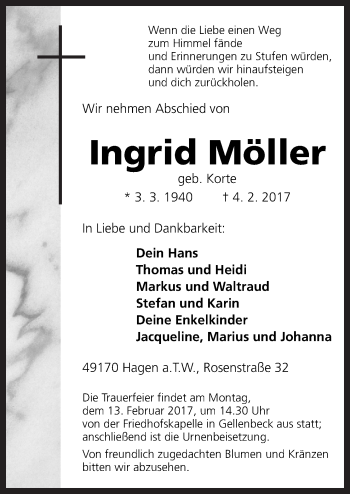Traueranzeige von Ingrid Möller von Neue Osnabrücker Zeitung GmbH & Co. KG