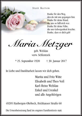 Traueranzeige von Maria Metzger von Neue Osnabrücker Zeitung GmbH & Co. KG