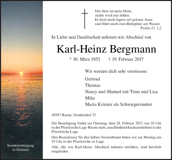 Traueranzeige von Karl-Heinz Bergmann von Neue Osnabrücker Zeitung GmbH & Co. KG