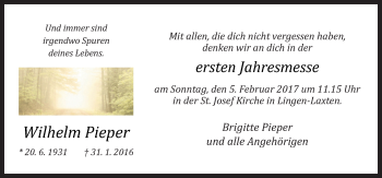 Traueranzeige von Wilhelm Pieper von Neue Osnabrücker Zeitung GmbH & Co. KG