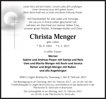 Traueranzeige von Christa Menger von Neue Osnabrücker Zeitung GmbH & Co. KG