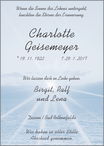 Traueranzeige von Charlotte Geisemeyer von Neue Osnabrücker Zeitung GmbH & Co. KG