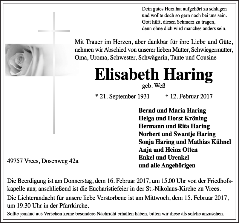  Traueranzeige für Elisabeth Haring vom 14.02.2017 aus Neue Osnabrücker Zeitung GmbH & Co. KG