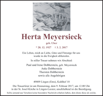Traueranzeige von Herta Meyersieck von Neue Osnabrücker Zeitung GmbH & Co. KG