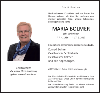 Traueranzeige von Maria Bolmer von Neue Osnabrücker Zeitung GmbH & Co. KG