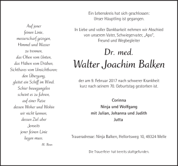 Traueranzeige von Walter Joachim Balken von Neue Osnabrücker Zeitung GmbH & Co. KG