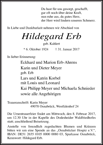 Traueranzeige von Hildegard Erb von Neue Osnabrücker Zeitung GmbH & Co. KG