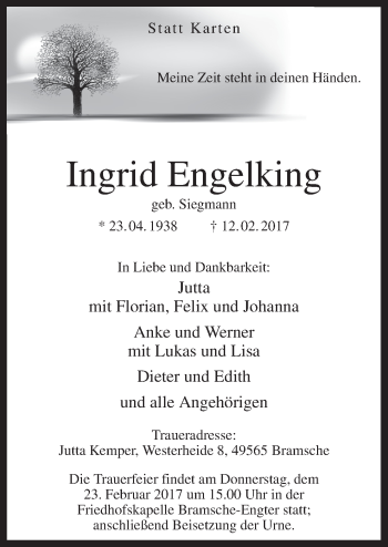 Traueranzeige von Ingrid Engelking von Neue Osnabrücker Zeitung GmbH & Co. KG