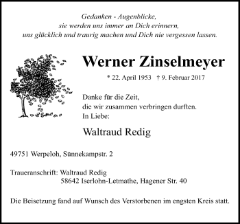 Traueranzeige von Werner Zinselmeyer von Neue Osnabrücker Zeitung GmbH & Co. KG