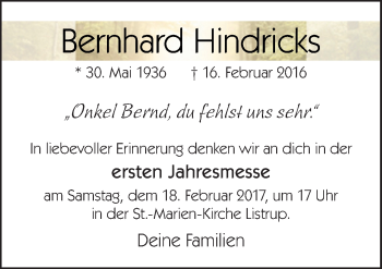 Traueranzeige von Bernhard Hindricks von Neue Osnabrücker Zeitung GmbH & Co. KG