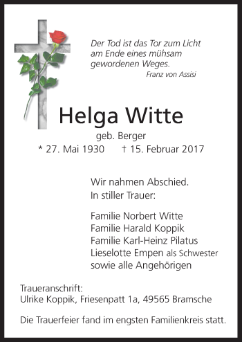 Traueranzeige von Helga Witte von Neue Osnabrücker Zeitung GmbH & Co. KG