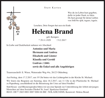 Traueranzeige von Helena Brand von Neue Osnabrücker Zeitung GmbH & Co. KG