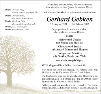 Traueranzeige von Gerhard Gebken von Neue Osnabrücker Zeitung GmbH & Co. KG