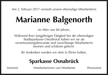 Traueranzeige von Marianne Balgenorth von Neue Osnabrücker Zeitung GmbH & Co. KG
