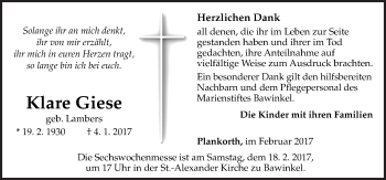 Traueranzeige von Klare Giese von Neue Osnabrücker Zeitung GmbH & Co. KG
