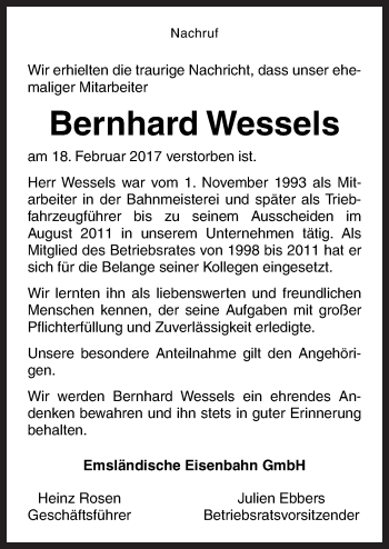 Traueranzeige von Bernhard Wessels von Neue Osnabrücker Zeitung GmbH & Co. KG