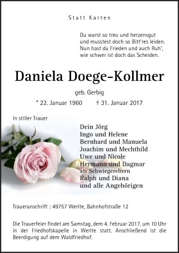Traueranzeige von Daniela Doege-Kollmer von Neue Osnabrücker Zeitung GmbH & Co. KG
