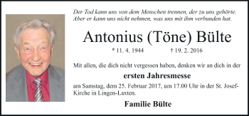 Traueranzeige von Antonius Bülte von Neue Osnabrücker Zeitung GmbH & Co. KG