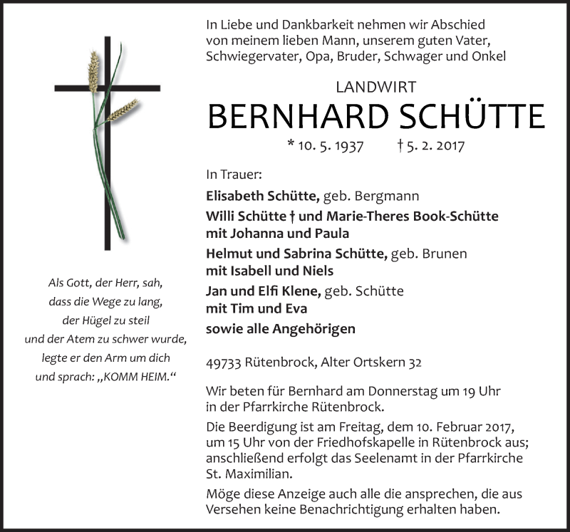  Traueranzeige für Bernhard Schütte vom 07.02.2017 aus Neue Osnabrücker Zeitung GmbH & Co. KG
