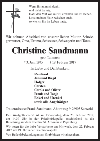 Traueranzeige von Christine Sandmann von Neue Osnabrücker Zeitung GmbH & Co. KG