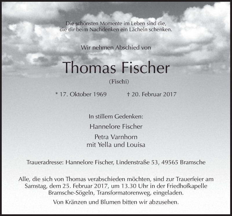  Traueranzeige für Thomas Fischer vom 22.02.2017 aus Neue Osnabrücker Zeitung GmbH & Co. KG