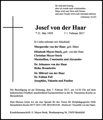 Traueranzeige von Josef  von der Haar von Neue Osnabrücker Zeitung GmbH & Co. KG